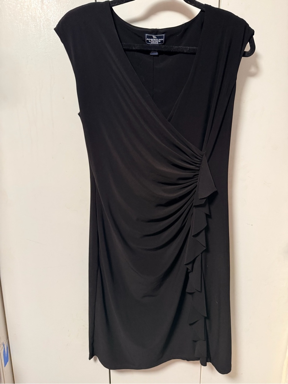 American Living Black Faux-Wrap Midi Dress with Side Ruching